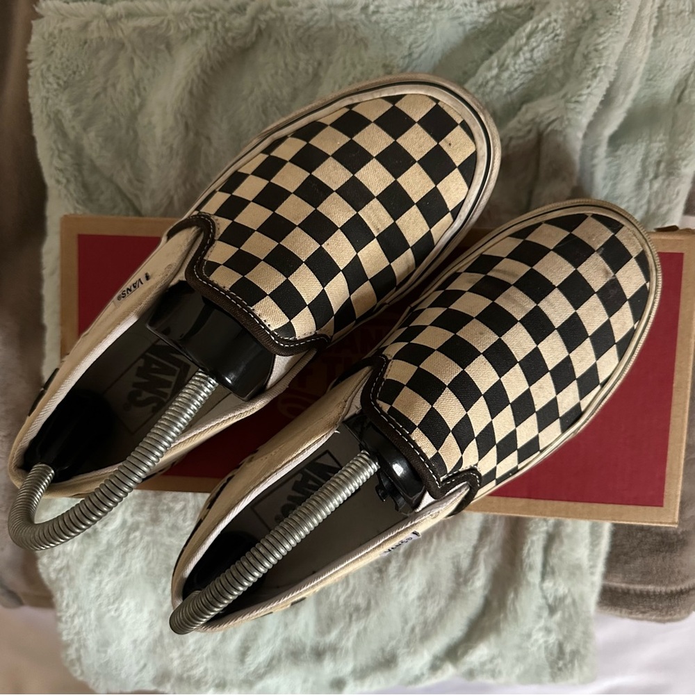 Vans Black and Cream Checkered Slip-On Sneakers